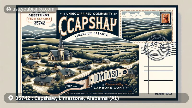Modern illustration of Capshaw, Limestone County, Alabama, showcasing rural landscapes and postal elements with ZIP code 35742, emphasizing its location at the intersection of Capshaw, Sanderson, and NW Dupree Worthey Roads, near Huntsville and Madison.