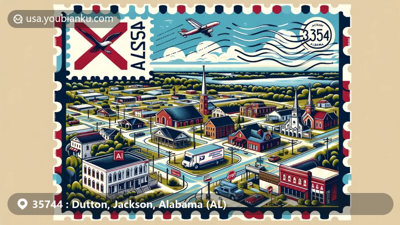 Artistic depiction of Dutton, Jackson, Alabama, representing ZIP code '35744' with rural charm and local elements, showcasing Alabama state flag, vintage postage stamp, mailbox, postal truck, and local landmarks.