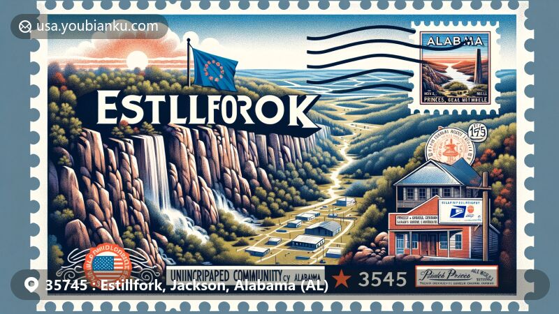 Modern illustration of Estillfork, Jackson, Alabama (AL), portraying ZIP code 35745 against backdrop of Paint Rock Valley and Walls of Jericho, featuring Alabama state flag, postal cancellation mark, and Prince's General Merchandise in airmail envelope.