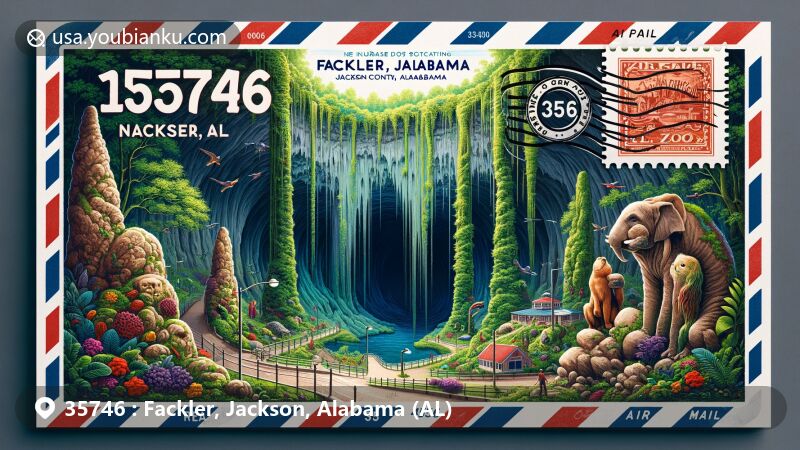 Modern postcard-style illustration of Fackler, Jackson County, Alabama, featuring Neversink Pit and Rock Zoo, highlighting natural beauty and whimsical limestone animal art.