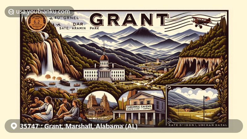 Modern illustration of Grant, Alabama, showcasing historical and natural elements with a postal theme, featuring Cathedral Caverns State Park, Kate Duncan Smith DAR School, and symbolic representation of President Ulysses S. Grant.