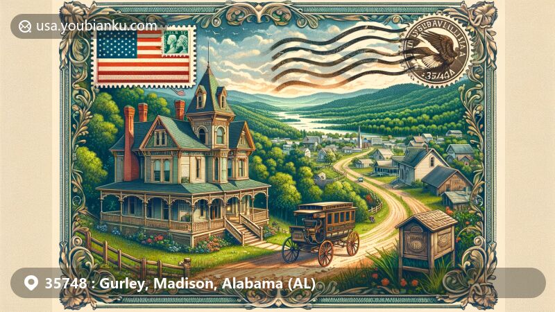 Modern illustration of Gurley, Alabama, showcasing historic architecture and natural beauty, celebrating ZIP code 35748 with Victorian and early 20th-century styles, lush greenery, and Appalachian foothills.