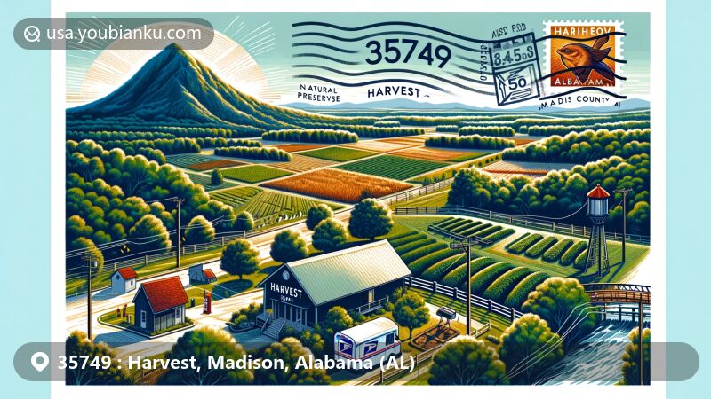 Modern illustration of Harvest, Madison County, Alabama, highlighting rural charm and Harvest Square Nature Preserve with trails, greenery, and wildlife potential. Features stylized postal stamp with ZIP code 35749, postal envelope, and Capshaw Mountain in the background.