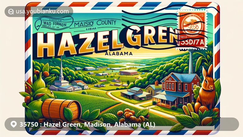 Modern illustration of Hazel Green, Alabama, within an airmail envelope, emphasizing postal theme with ZIP code 35750, showcasing rich agricultural landscape and historical elements.