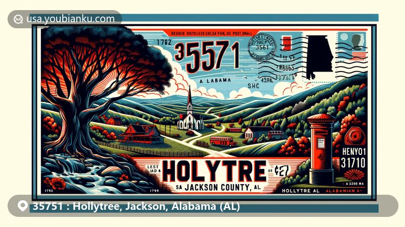 Modern illustration of Hollytree, Jackson County, Alabama, highlighting scenic Paint Rock Valley with hills, trees, and Mount Nebo Baptist Church, featuring vintage postcard layout with ZIP code 35751 and postal elements like a stamp corner, postmark 'Hollytree, AL', and red postbox.