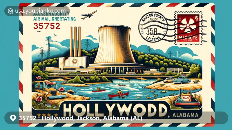 Modern illustration of Hollywood, Jackson County, Alabama, featuring vintage air mail envelope with Bellefonte Nuclear Generating Station, Tennessee River, Six Mile Creek, and postal elements, highlighting local history and natural beauty.