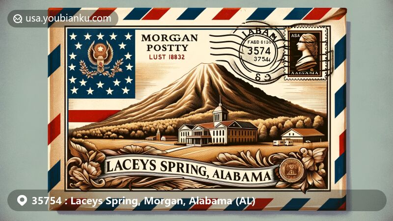 Modern illustration of Laceys Spring, Alabama, depicting postal theme with vintage airmail envelope, Alabama state flag, and Brindlee Mountain, showcasing natural beauty and ZIP code 35754.