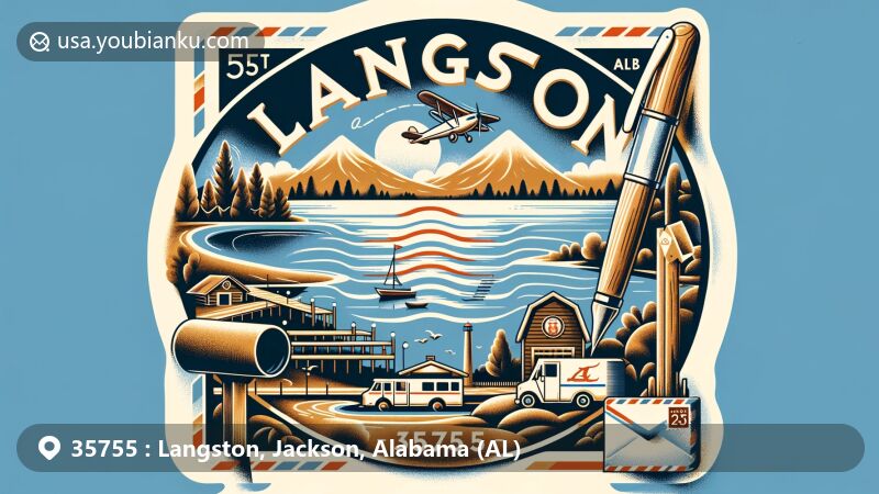 Modern illustration of Langston, Alabama, with a postal theme featuring ZIP code 35755, showcasing Lake Guntersville and the Tennessee River.