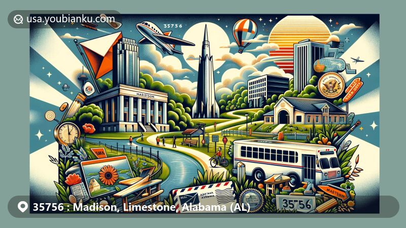 Creative illustration of Madison, Alabama, representing ZIP code 35756, featuring local landmarks, community vibe, and postal elements with a touch of NASA's influence.