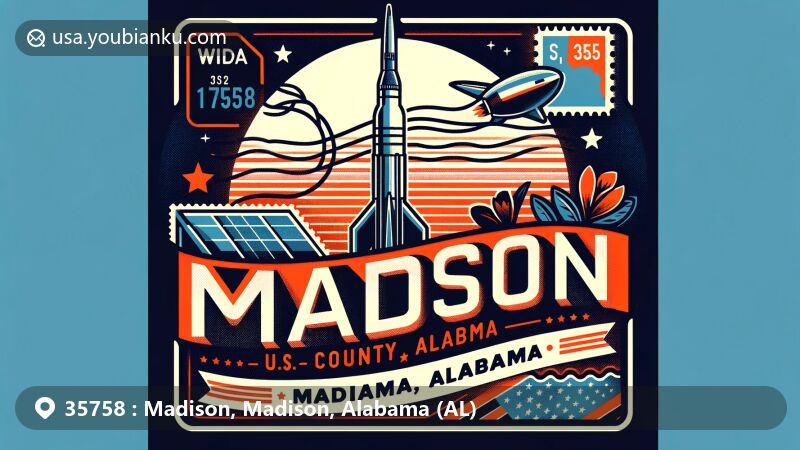 Creative postcard-style illustration of Madison, Madison County, Alabama ZIP code 35758, showcasing Alabama state flag, U.S. Space & Rocket Center, and local cultural elements.