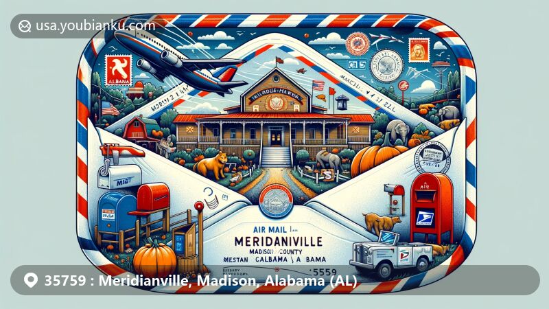 Modern illustration of Meridianville, Madison County, Alabama with ZIP code 35759, featuring creative design of an opened airmail envelope showcasing Tate Farms, a local landmark known for petting zoo, hayrides, and pumpkin picking. Includes postage stamp with Alabama state flag, postmark with 35759 ZIP code, and classic red mailbox against backdrop of Madison County outline and bright sky.