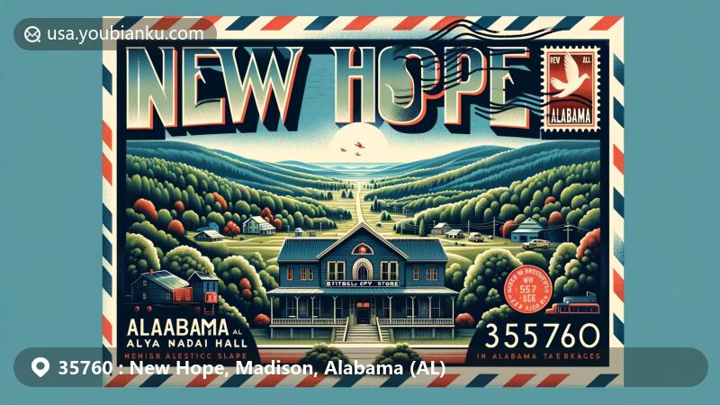 Modern illustration of New Hope, Madison County, Alabama (AL), featuring zipcode 35760 and Butler's Store, now City Hall, surrounded by lush forests and rolling hills. Artwork on vintage airmail envelope with AL state flag stamp and postmark. Captures town's history, community, and environmental commitment.