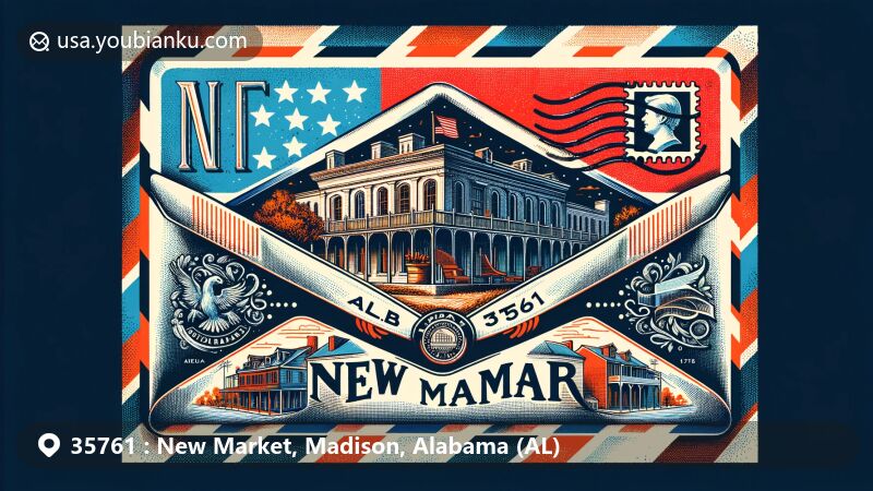 Modern illustration of New Market Historic District in Alabama, with airmail envelope theme and postal elements like vintage stamp and ZIP code 35761, combining antebellum architecture with Alabama state flag motifs.