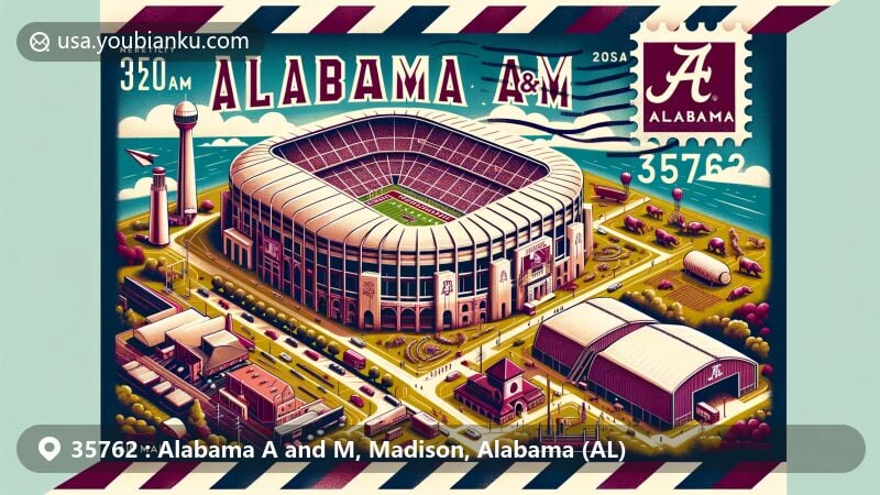 Modern illustration of Alabama A and M, Madison, Alabama, featuring Louis Crews Stadium, Alabama A&M University, and Agribition Center, showcasing the area's sports, educational, and agricultural significance with postal theme and ZIP code 35762.