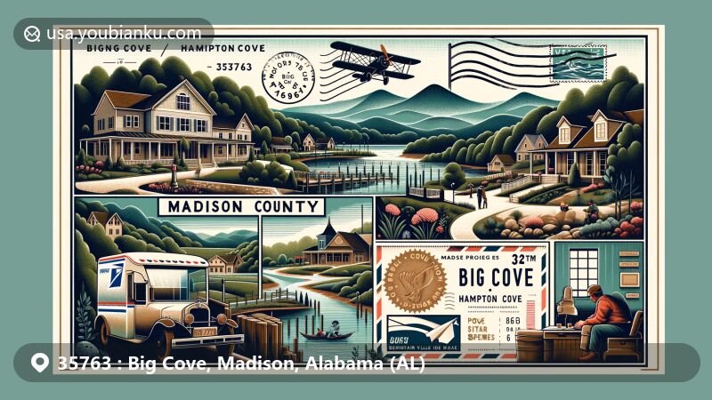 Modern illustration of Big Cove, Hampton Cove, and Madison County, Alabama, with postal themes, featuring iconic landscapes like nearby mountains and the Flint River, reflecting natural beauty and outdoor activities, and showcasing local charm with regional architecture and proposed village development.