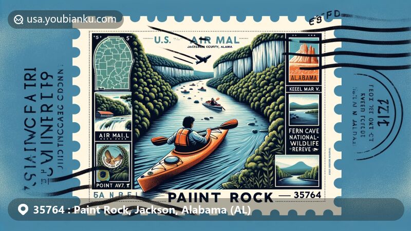 Modern illustration of Paint Rock, Jackson County, Alabama, with postal theme showcasing ZIP code 35764, featuring Fern Cave National Wildlife Refuge, kayaker on Paint Rock River, and surrounding Keel Mountain and Cumberland Plateau.