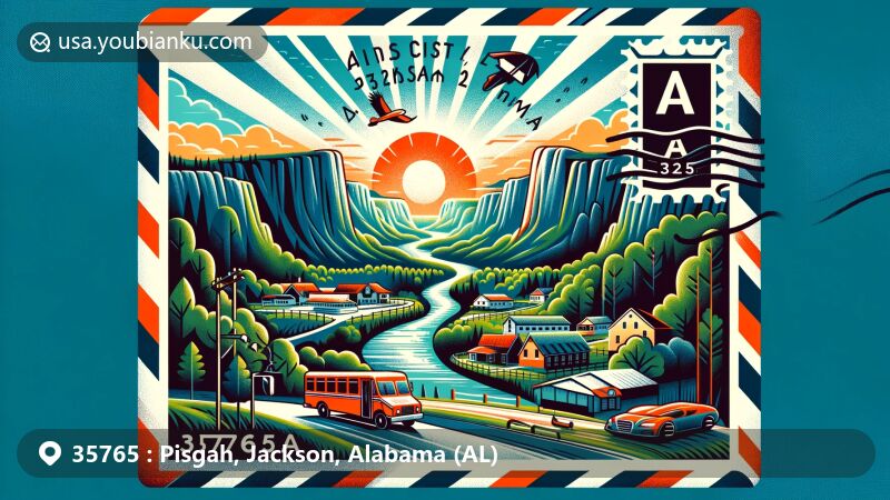 Modern illustration of Pisgah Gorge, Jackson County, Alabama, showcasing postal theme with ZIP code 35765, featuring Sand Mountain and Alabama state symbols.