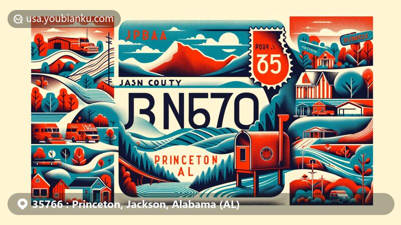 Modern illustration of Princeton, Jackson County, Alabama, showcasing postal theme with ZIP code 35766, featuring Paint Rock Valley, Alabama State Route 65, vintage postal stamp, and red mailbox.