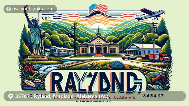 Modern illustration of Ryland, Madison County, Alabama, featuring ZIP code 35767, highlighting local post office, North Alabama Railroad Museum, and Monte Sano State Park, with stylized air mail envelope and lush greenery.