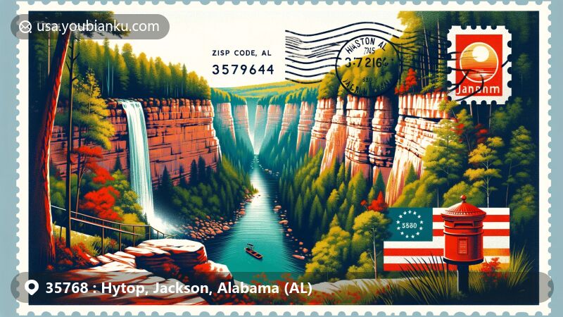 Vivid illustration of Hytop, Jackson County, Alabama, showcasing natural beauty and outdoor recreation opportunities, with focus on Walls of Jericho, the Grand Canyon of the South. Features lush forests, canyon walls, waterfall, vintage postage stamp, Alabama state flag, postmark 'Hytop, AL 35768,' and red mailbox.