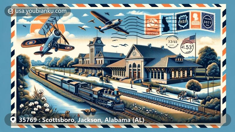 Modern illustration of Scottsboro, Alabama, showcasing ZIP code 35769, featuring Scottsboro-Jackson Heritage Center, Scottsboro Train Depot, Public Square Historic District, Tennessee River, and Lake Guntersville.