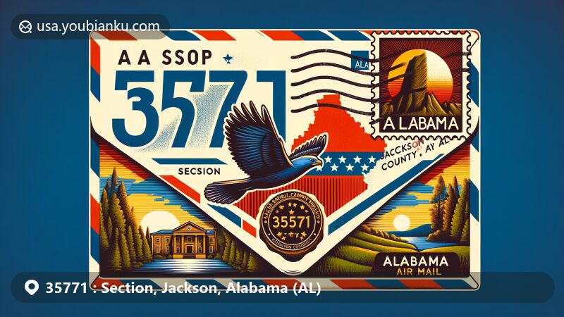 Modern illustration of Section, Jackson County, Alabama, featuring airmail envelope with Alabama state flag, Jackson County outline silhouette, and iconic Alabama landscape elements, along with vintage postage stamp displaying ZIP code 35771.