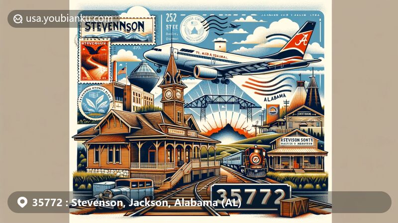 Modern illustration of Stevenson, Jackson County, Alabama, featuring Stevenson Railroad Depot Museum, TWA Flight 800 Memorial, and iconic natural landscapes, with postal theme showcasing ZIP code 35772, a vintage airmail envelope, postmark, and stamp.