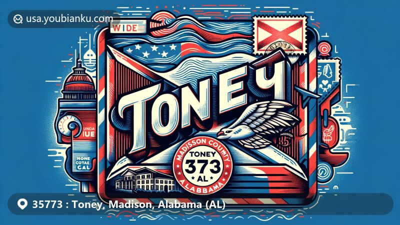 Modern illustration of Toney, Madison County, Alabama, showcasing airmail theme with ZIP code 35773, featuring Alabama state flag in postage stamp design.