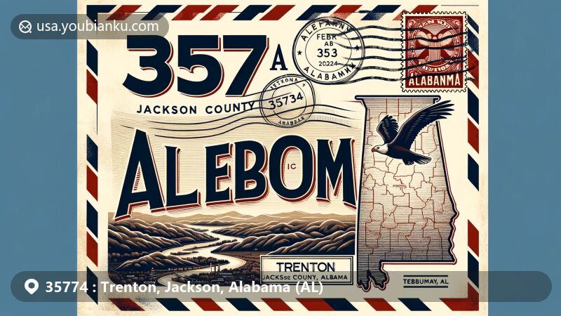 Modern illustration of Trenton, Jackson County, Alabama, featuring a stylized map of the county, iconic Paint Rock Valley, vintage airmail envelope with Alabama state flag stamp, and postal elements.