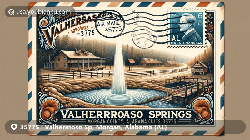 Vintage postcard-style illustration of Valhermoso Springs, Morgan County, Alabama, with ZIP code 35775, featuring historical mineral springs, cabins, and a hotel in an early 19th-century resort setting.