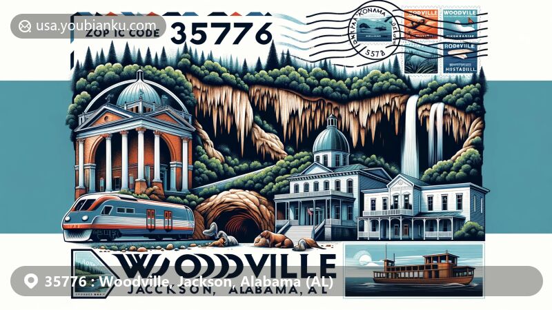 Modern illustration of Woodville, Jackson County, Alabama, showcasing postal theme with ZIP code 35776, featuring Cathedral Caverns State Park, Stephens Gap Cave, Fern Cave, and Woodville Historical Museum.