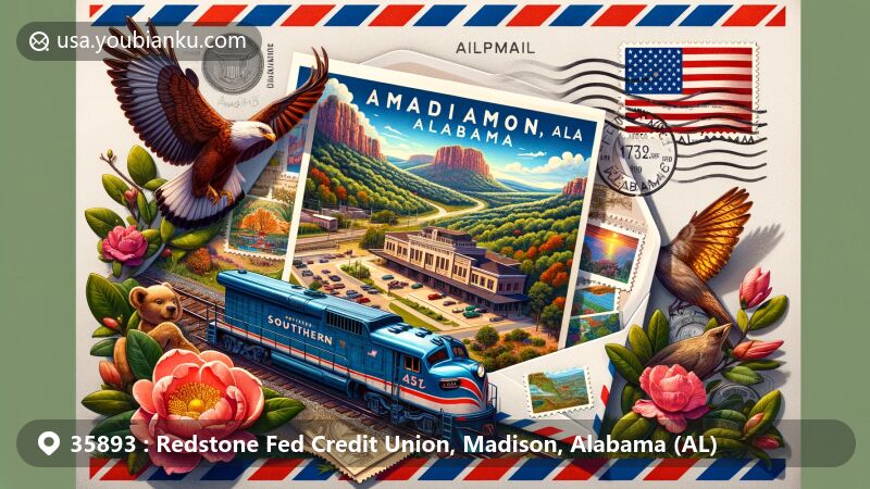 Modern illustration of Madison, Alabama, representing ZIP code 35893 with a creative postal theme featuring the Southern Railroad Depot and Rainbow Mountain, adorned with Alabama's state symbols.