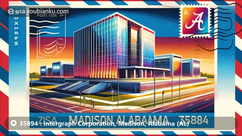 Modern illustration of Intergraph Corporation's new headquarters in Madison, Alabama, showcasing postal theme with ZIP code 35894 against backdrop of Alabama state flag.