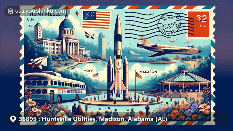Modern illustration of Huntsville and Madison, Alabama, showcasing postal theme with ZIP code 35895, featuring U.S. Space & Rocket Center, Optimist Park, Huntsville Botanical Garden, and Monte Sano State Park.