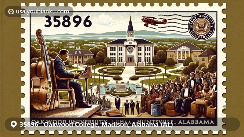 Modern illustration of Oakwood University in Huntsville, Alabama, highlighting academic and cultural aspects, including university emblem, Dr. Martin Luther King Jr.'s visit, civil rights movement symbols, Aeolians choir, and postal heritage elements with ZIP code 35896.