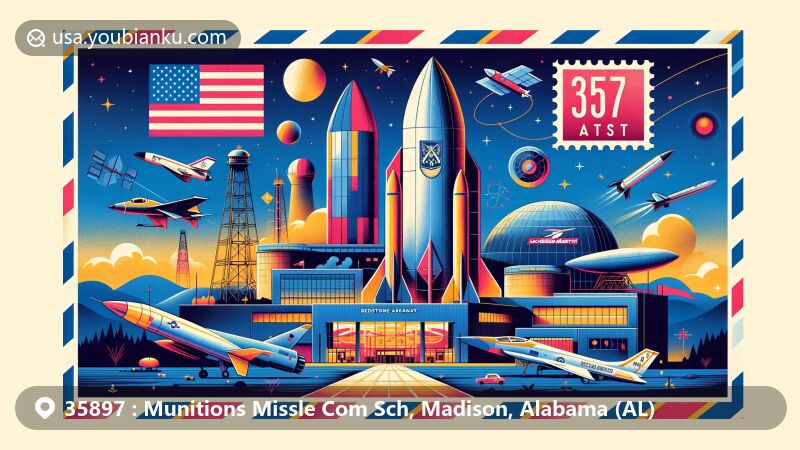 Modern illustration of ZIP code 35897, showcasing missile defense and space exploration in Huntsville, Madison County, Alabama. Features Lockheed Martin facility, vintage rockets, modern satellites, Alabama state flag and Madison County silhouette.