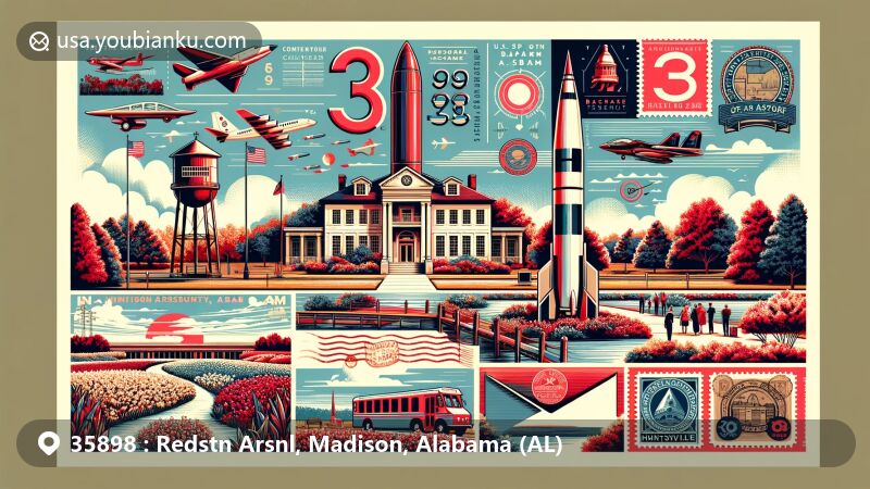 Modern illustration of Redstone Arsenal, Madison County, Alabama, showcasing key elements like the Redstone rocket, Lee Mansion, and Huntsville Botanical Garden, integrating historical significance with contemporary design.