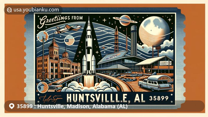 Modern illustration of Huntsville, AL 35899, featuring vintage postcard design with greetings text, U.S. Space & Rocket Center elements like Saturn V rocket, Five Points Historic District, and Big Spring International Park.
