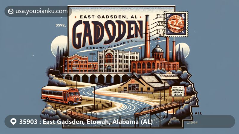 Modern illustration of East Gadsden, Etowah, Alabama (AL), with postal theme for ZIP code 35903. Features Coosa River, Gadsden Downtown Historic District, Etowah Historical Society, and Native American Museum, showcasing rich history and culture. Includes Alabama shape, vintage elements like postcard design and postage stamp of Gadsden Coca-Cola Bottling Plant, highlighting postal services with mail truck and mailbox symbols.