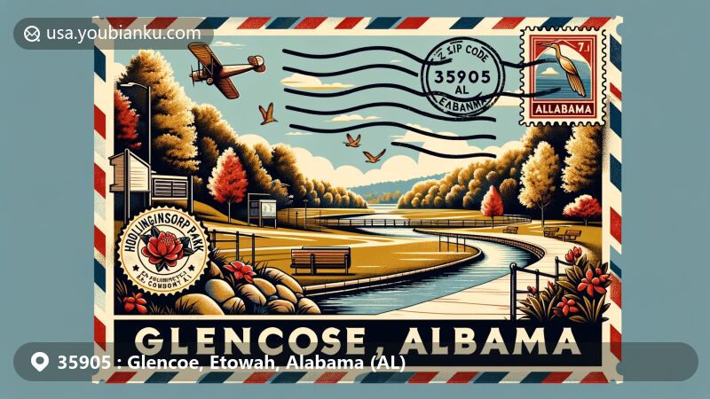 Modern illustration of Glencoe, Etowah County, Alabama, featuring Hollingsworth Park and Cove Creek, framed within an airmail envelope with vintage stamps of state symbols and a postmark reading 'Glencoe, AL 35905'. Incorporates Glencoe High School colors and mascot.