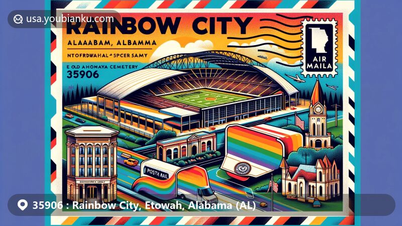 Modern illustration of Rainbow City, Alabama, emphasizing ZIP code 35906 with airmail envelope, showcasing Etowah Mega Sports Complex and state symbols.