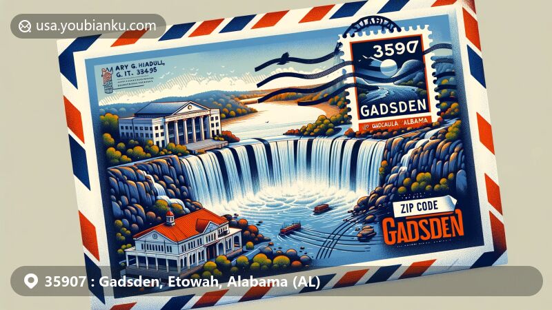 Modern illustration of Gadsden, Etowah County, Alabama, with ZIP code 35907, featuring airmail envelope, Noccalula Falls, and Mary G. Harden Center for Cultural Arts.