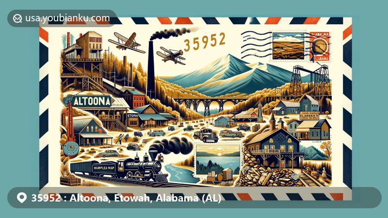 Vibrant illustration of Altoona, Alabama, for ZIP code 35952, showcasing coal mining history, landmarks like Tumlin Gap Tunnel, and natural beauty of Murphree Valley and Straight Mountain. Includes modern elements like Altoona Day and Christmas Parade.