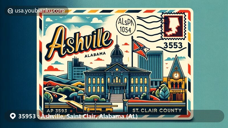 Modern illustration of Ashville, Alabama, showcasing ZIP code 35953, with state flag, St. Clair County silhouette, and historic courthouse in a vintage postcard style.