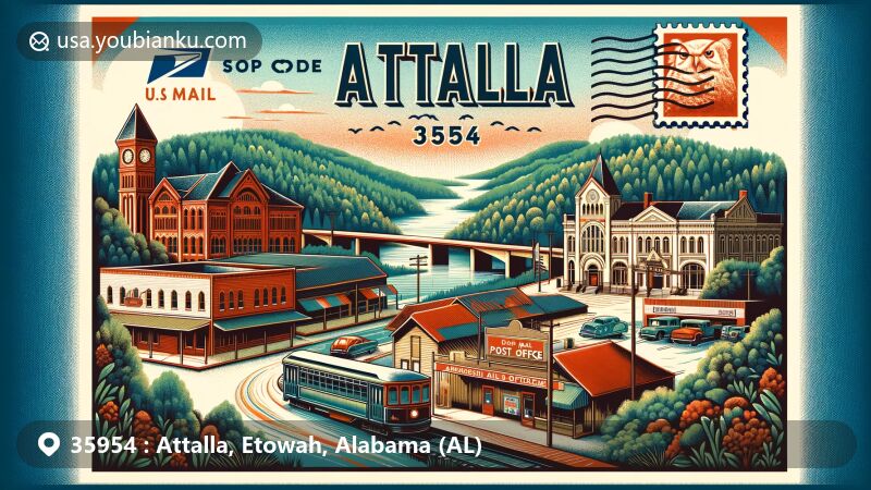 Modern illustration of Attalla, Alabama, depicting postal theme with historic downtown district, architectural styles, natural landscape of Lookout Mountain and Big Wills Creek, rail and mining industry, hydroelectric power, I-59, U.S. Highways, stamps, postmark 
