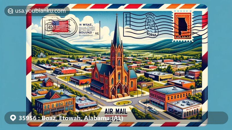 Vintage-style illustration of Boaz, Alabama, blending landmarks and cultural elements with a postal theme, showcasing Julia Street Memorial United Methodist Church, Snead Junior College Historic District, and Sand Mountain.