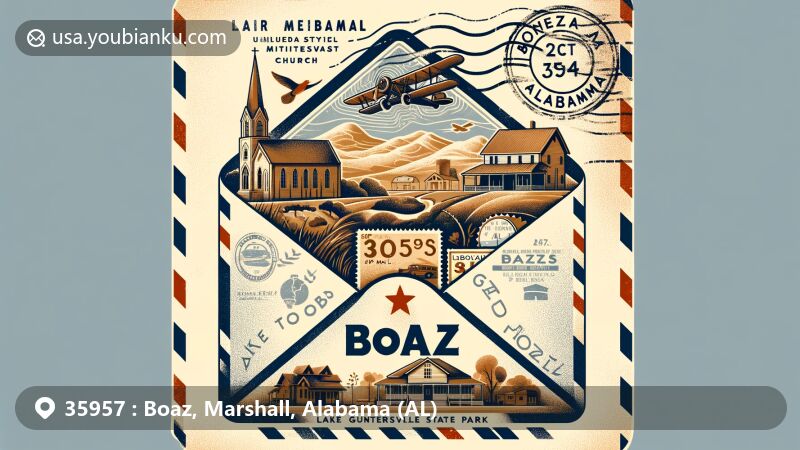 Modern illustration of Boaz, Alabama, showcasing postal theme with ZIP code 35957, featuring Julia Street Memorial United Methodist Church, Thomas A. Snellgrove Homestead, Edward Fenns Whitman House, and Sand Mountain.