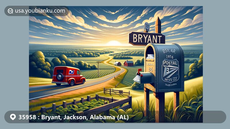 Modern illustration of Bryant, Alabama, Jackson County, featuring postal theme with classic red postal truck, vintage-style mailbox, and vibrant dawn hues, symbolizing communication and connection. Coordinates 34°56'37