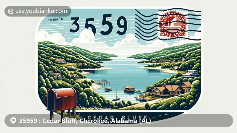 Modern illustration of Cedar Bluff, Cherokee County, Alabama, featuring serene natural beauty, community life, and postal theme with ZIP code 35959.