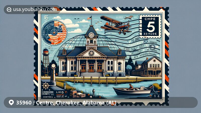 Modern illustration of the ZIP Code 35960 area in Centre, Cherokee County, Alabama, featuring aviation-themed postcard design with key landmarks like Cherokee County Historical Museum, reflecting local history and cultural heritage.